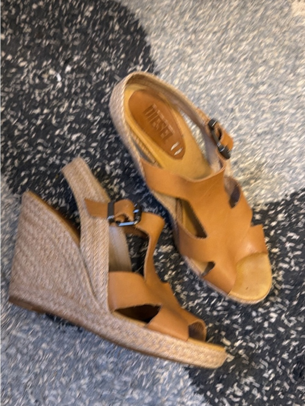 Diesel Brown Leather Wedge Sandals with Buckle